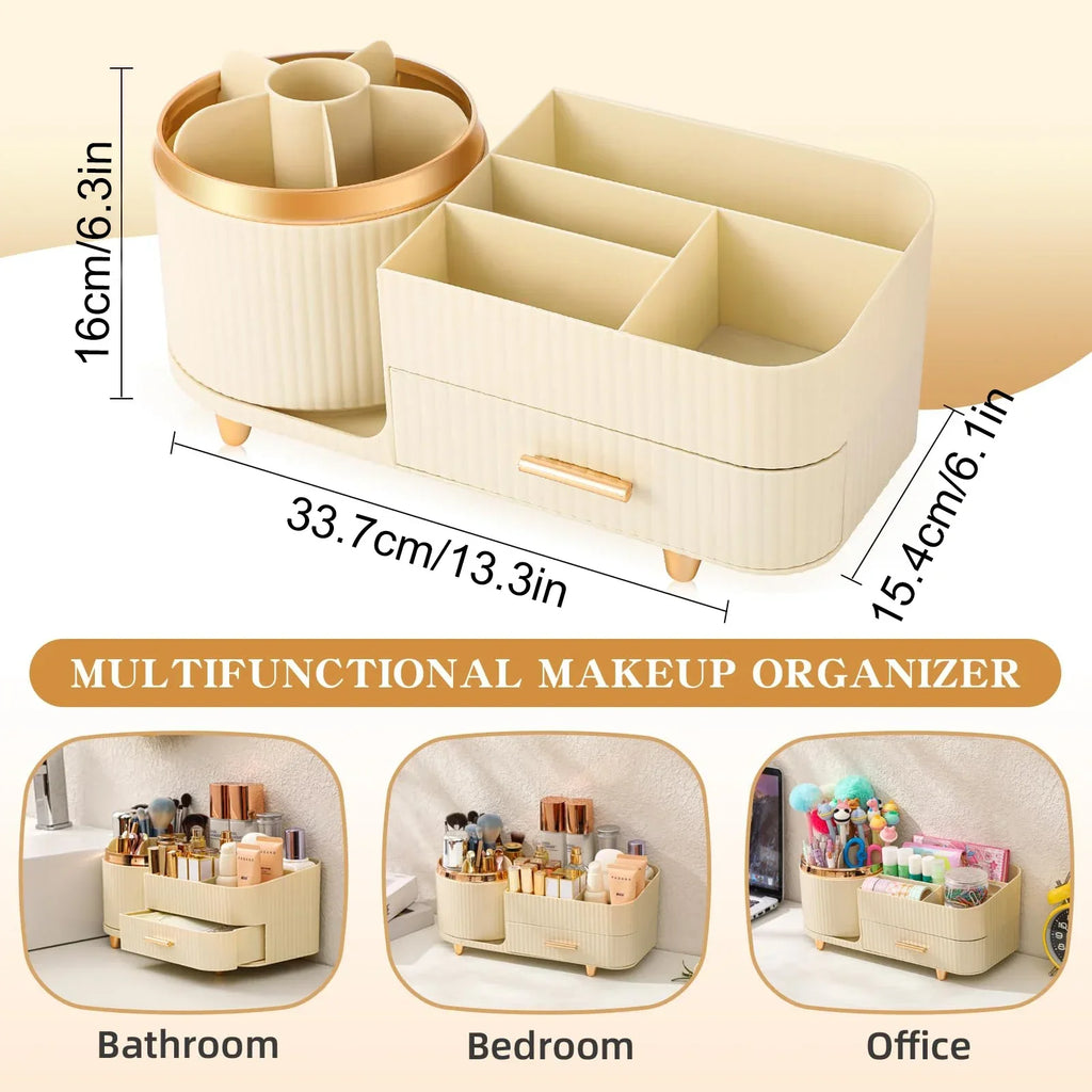 360° Rotating Makeup Organiser with Drawers – Large Capacity Vanity Storage