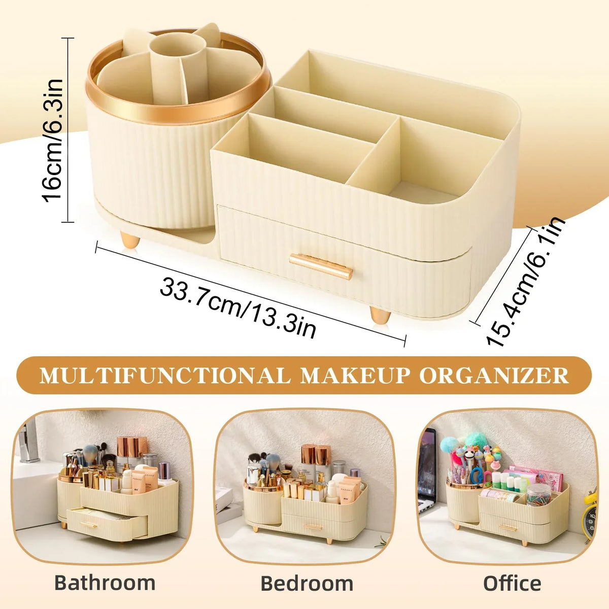 360° Rotating Makeup Organiser with Drawers – Large Capacity Vanity Storage