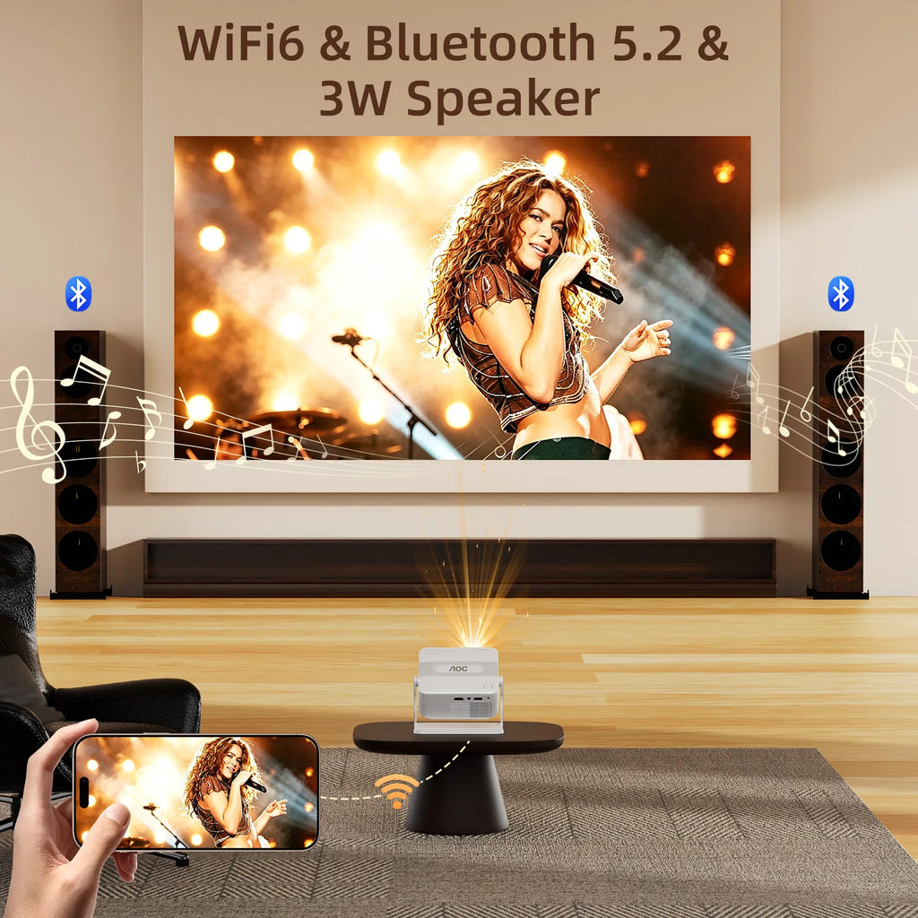 AOC HA109-PRO Portable Projector Native 720P 200 ANSI Wi-Fi 6 BT5.0 360° Stand Auto Keystone 4K Decode Mini Beamer Home Cinema