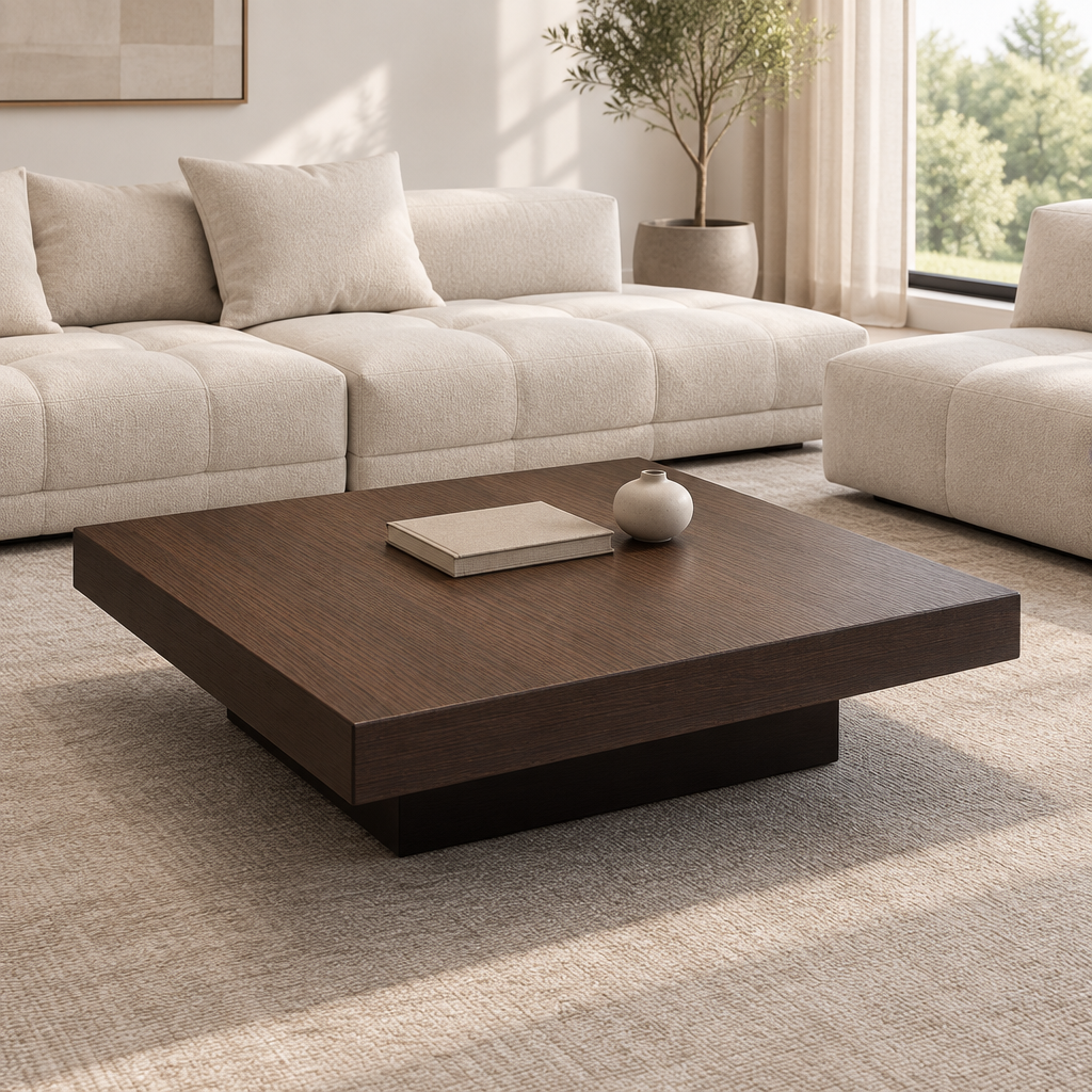 Walnut-stained floating coffee table in a neutral modern living room