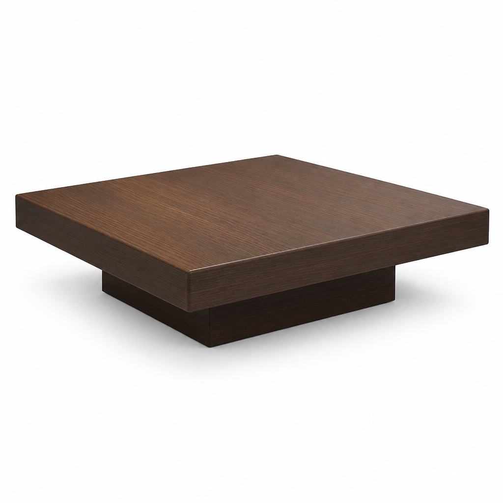 Walnut-stained solid wood floating coffee table on a white background