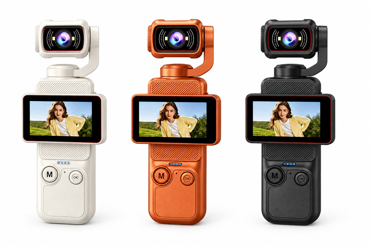 White-background hero candidate showing the camera in White, Orange and Black