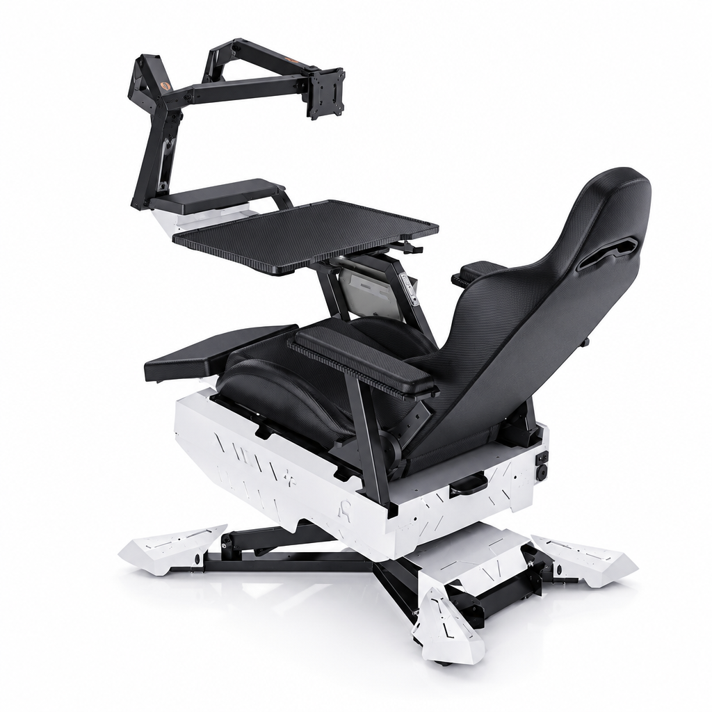 White-background hero draft of the reclining gaming workstation cockpit