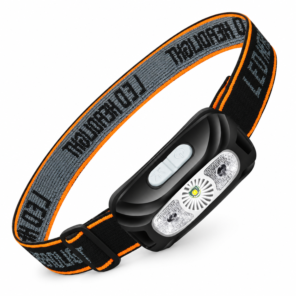 White-background hero image for the rechargeable motion sensor LED headlamp