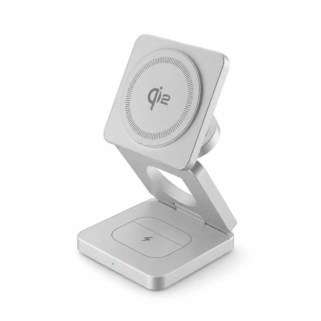 White-background hero image of the Qi2 3-in-1 charging stand