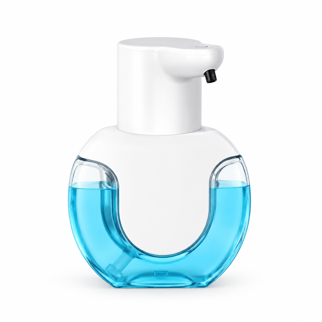 White foaming soap dispenser with blue liquid on a white background