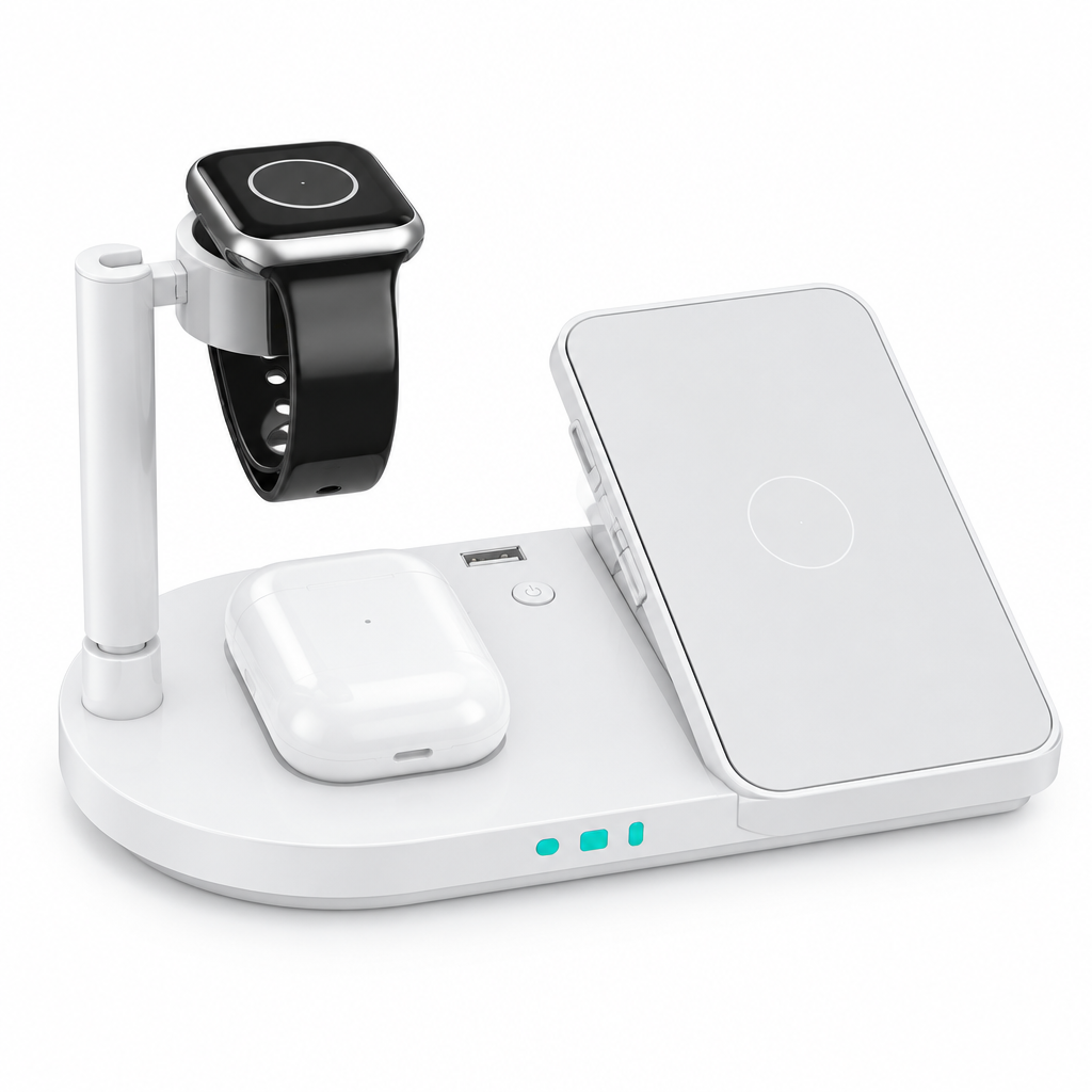 White foldable wireless charging stand from a side angle on a white background