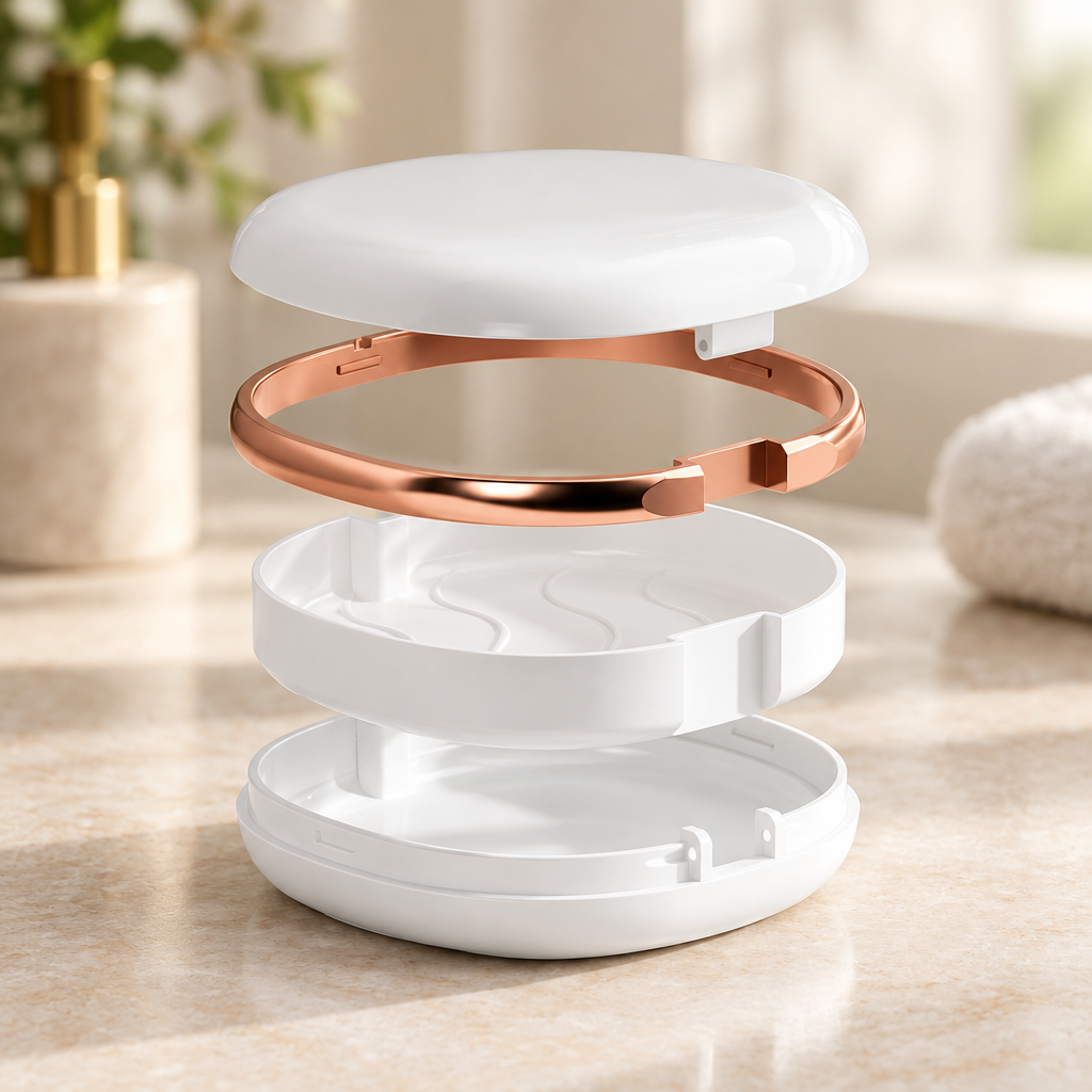 White retainer case separated into its layers in a bathroom setting