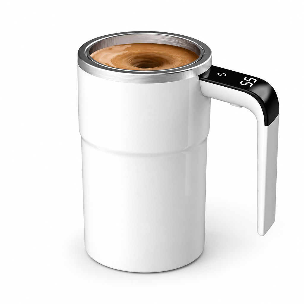 White self-stirring mug hero