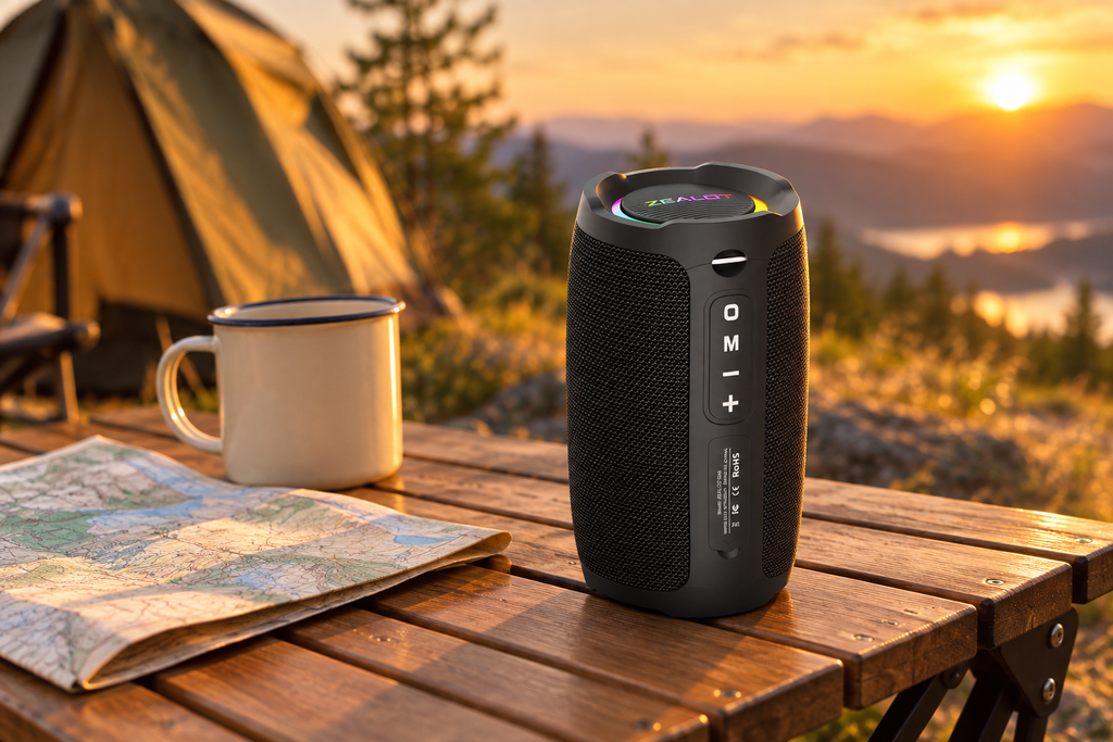 Zealot S49 speaker at a campsite