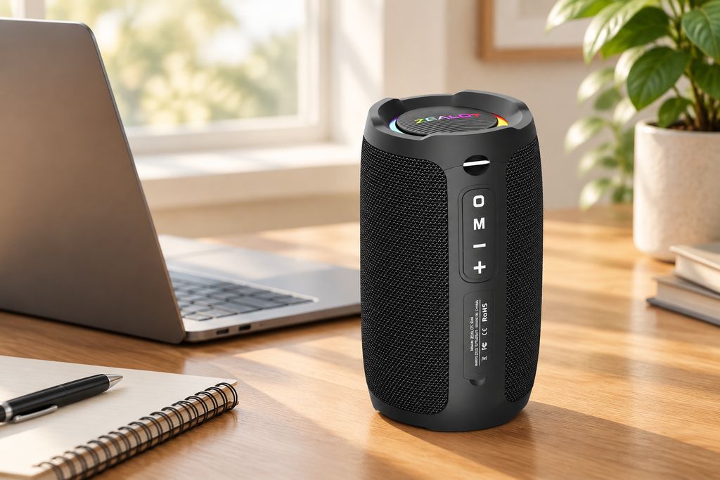 Zealot S49 speaker on a home-office desk