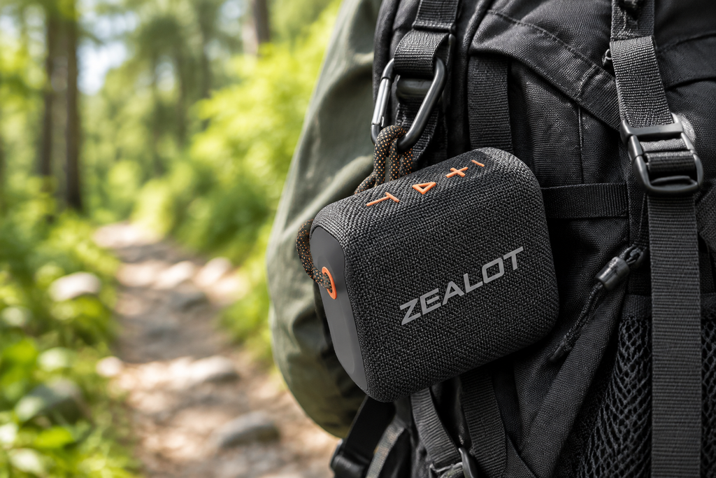 ZEALOT S75 speaker lifestyle shot clipped to a hiking backpack outdoors