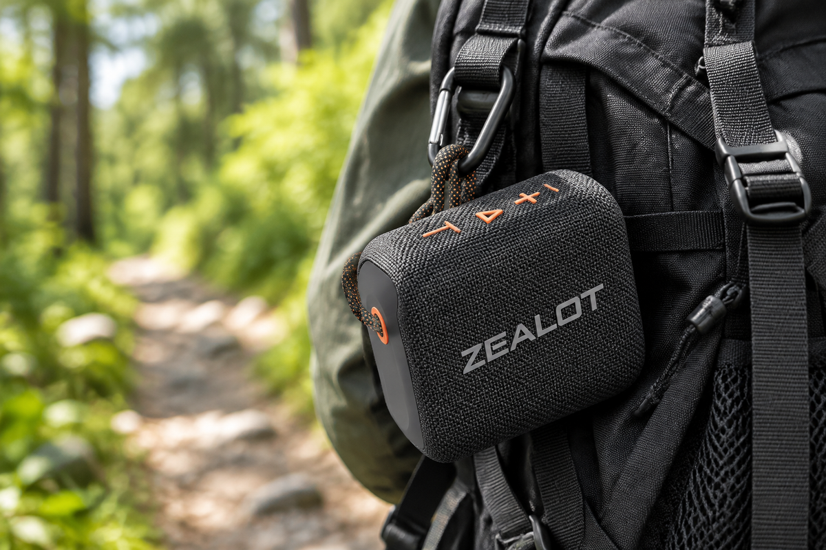 ZEALOT S75 speaker lifestyle shot clipped to a hiking backpack outdoors